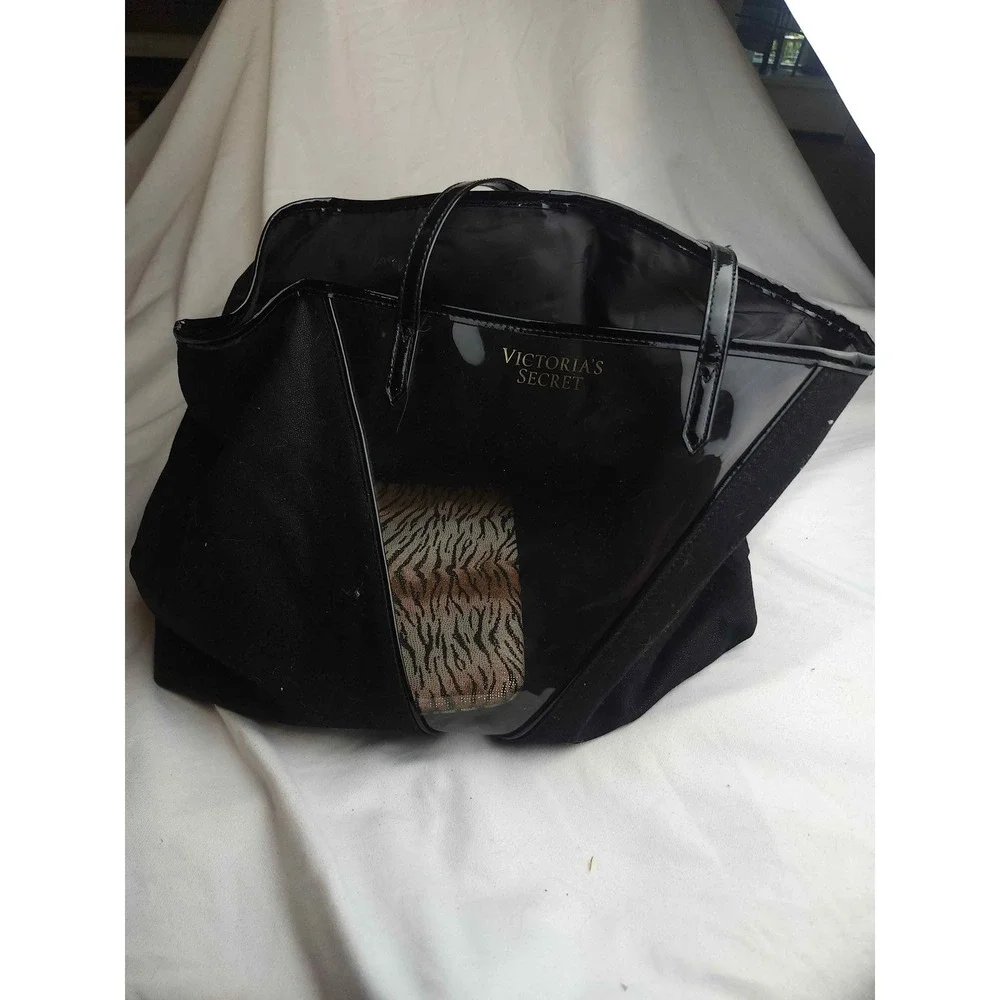 Victoria's Secret Black Canvas Clear Tote Bag with Tiger Print Pouch Set
